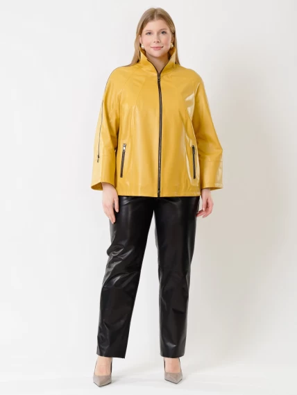 Кожаный комплект женский: Куртка 385 + Брюки 04, желтый/черный, размер 48, артикул 111382-6