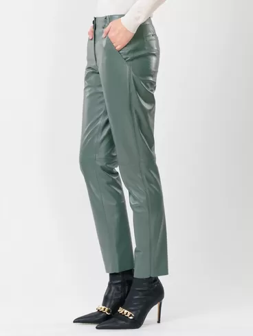 Кожаные зауженные брюки женские 03, из натуральной кожи, оливковые, р. 52, арт. 85260-5