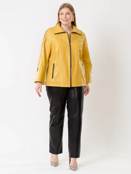 Кожаный комплект женский: Куртка 385 + Брюки 04, желтый/черный, размер 48, артикул 111382-0