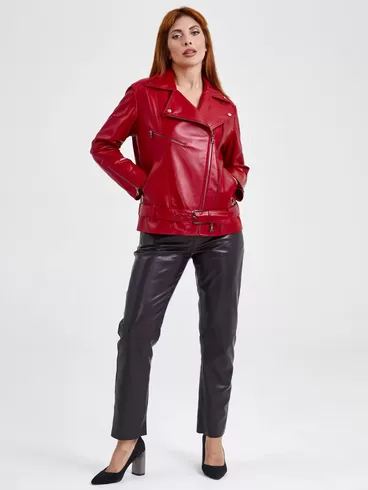 Кожаный комплект: Куртка женская 3013 + Брюки женские 03, красный/черный, размер 46, артикул 111145-1