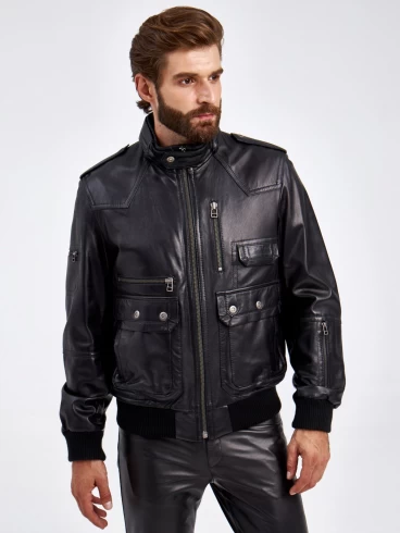 Кожаная куртка бомбер мужская Пит, черная, p. 50, арт. 29190-0