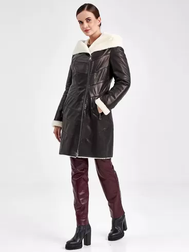 Кожаное пальто зимнее женское 391мех, с капюшоном, черное - белое, р. 46, арт. 91830-5
