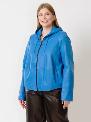 Кожаная куртка женская 308рc, с капюшоном, голубая, р. 50, арт. 91221-2
