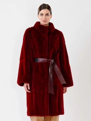 Пальто из меха норки женское 2826, с кожаным поясом, бордовое, р. 46, арт. 32690-0