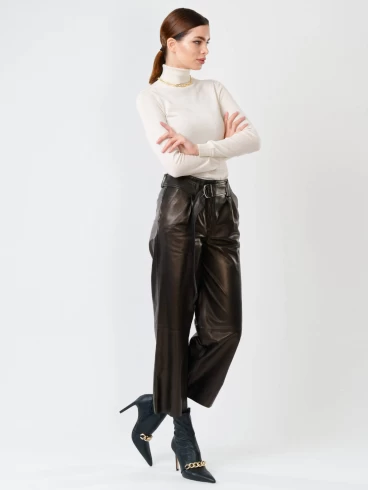 Кожаные укороченные женские брюки из натуральной кожи 05, черные, размер 42, артикул 85251-1