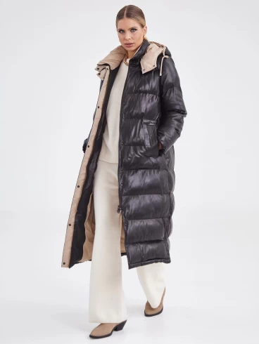 Черное кожаное пальто с капюшоном премиум класса женское 3024, размер 44, артикул 25420-3
