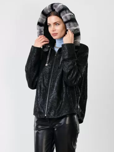 Замшевая утепленная куртка женская 308ш, с мехом "рекса", черная, р. 46, арт. 90722-6
