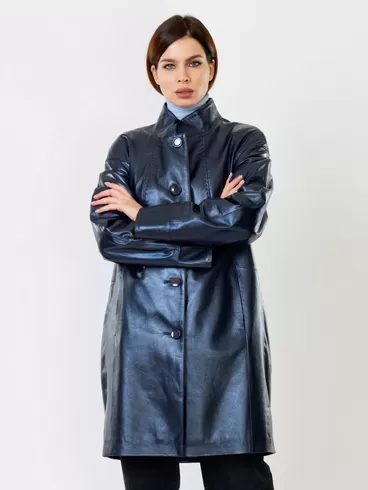 Кожаное пальто женское 378, синий перламутр, р. 46, арт. 91130-0