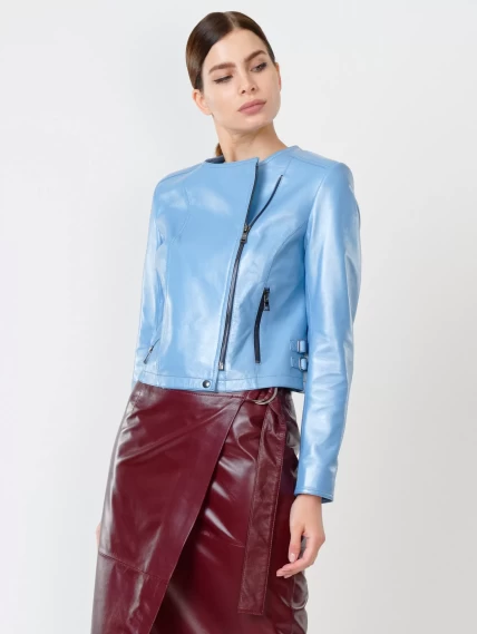 Кожаный комплект женский: Куртка 389 + Юбка-миди 07, голубой/бордовый, размер 42, артикул 111112-4