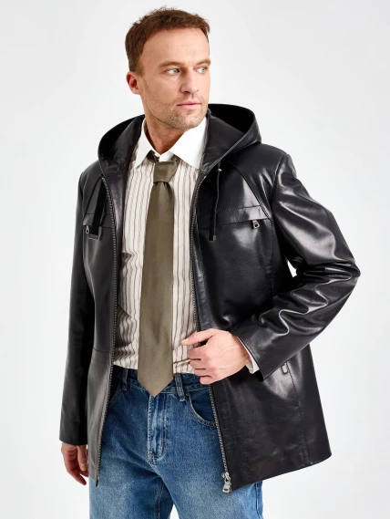 Мужская черная кожаная куртка с капюшоном премиум класса 552, размер 48, артикул 29840-6