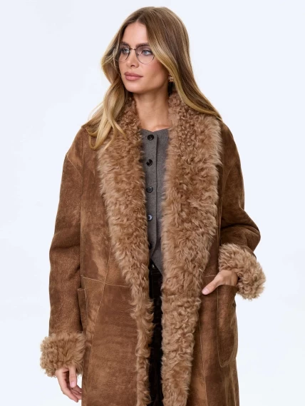 Длинная дубленка из натуральной овчины тиградо для женщин премиум класса 2020, светло-коричневая, размер 50, артикул 62470-2