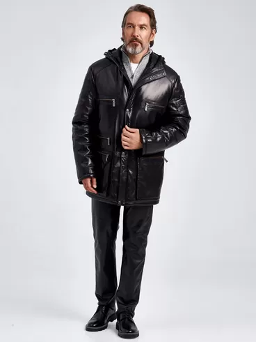 Кожаная куртка утепленная мужская 513, с капюшоном, черная, p. 56, арт. 29100-5