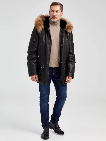 Кожаная куртка-аляска утепленная мужская Алекс, с мехом енота, черная DS, р. 48, арт. 40441-6