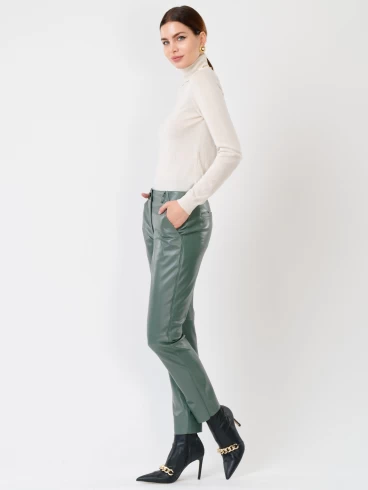 Кожаные зауженные брюки женские 03, из натуральной кожи, оливковые, р. 42, арт. 85260-1