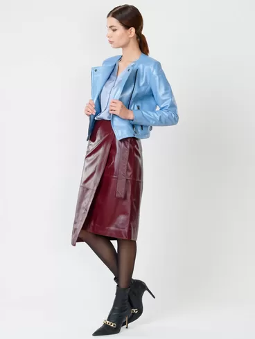 Кожаный комплект: Куртка женская 389 + Юбка-миди с запахом 07, голубой/бордовый, р. 42, арт. 111112-1