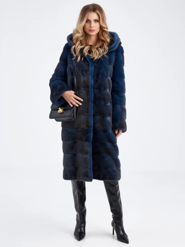 Женское пальто из меха норки с капюшоном 2а-д(к), синее, размер 50, артикул 33890-4