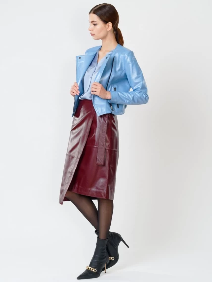Кожаный комплект женский: Куртка 389 + Юбка-миди 07, голубой/бордовый, размер 42, артикул 111112-1