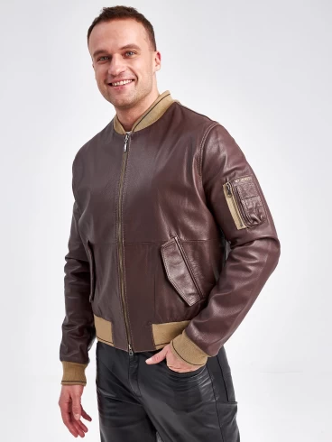 Кожаная куртка бомбер мужская 1119, коричневая, размер52, артикул 29510-0