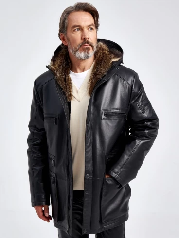 Кожаная куртка зимняя премиум класса мужская 513мех, на подкладке из овчины, черная, размер 54, артикул 41740-3