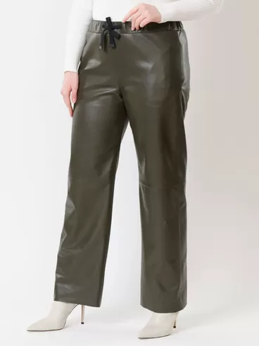 Кожаные широкие брюки женские 06, из натуральной кожи, оливковые, р. 48, арт. 85510-5