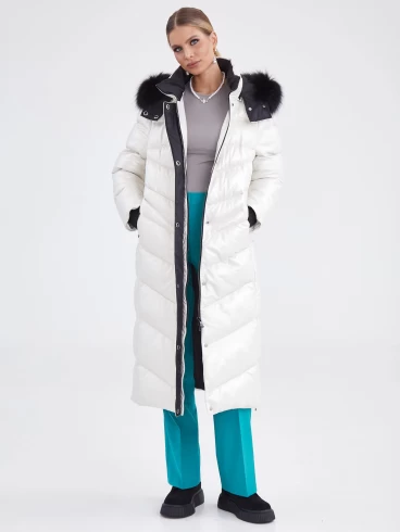 Пальто кожаное с капюшоном премиум класса женское 3025 с мехом песца, серебристое, размер 44, артикул 25430-3