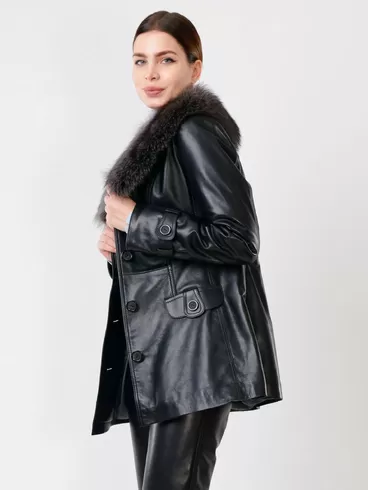 Кожаная утепленная куртка женская 372ш, с мехом енота, черная, р. 48, арт. 23650-1