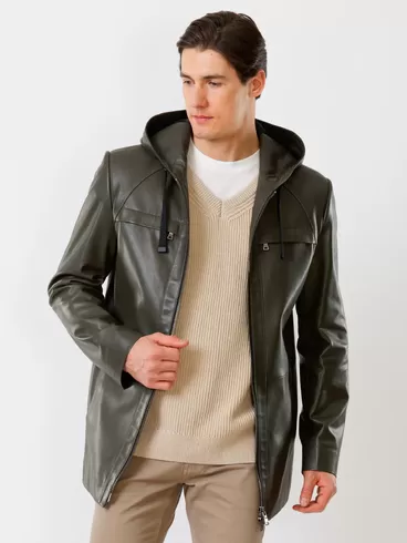Кожаная куртка премиум класса мужская 552, с капюшоном, оливковая, р. 48, арт. 28760-2