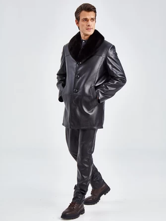 Мужская зимняя кожаная куртка с норковым воротником премиум класса 534мех-1