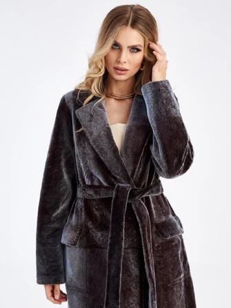 Длинное двустороннее женское пальто из астрагана с поясом премиум класса 2048-0