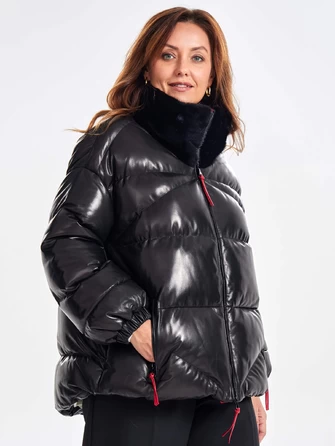 Утепленная женская кожаная куртка с норковым воротником премиум класса 3072-0