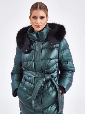 Женское стеганное кожаное пальто с меховым капюшоном премиум класса 3048-1