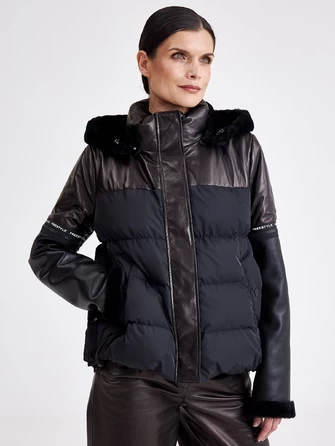 Комбинированная женская кожаная куртка с капюшоном 3030-0