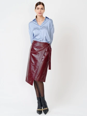 Бордовая кожаная юбка миди 07-0