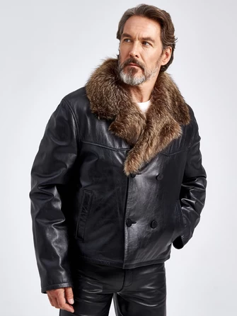 Зимняя двубортная мужская кожаная куртка с воротником меха енота Mafia/New-0