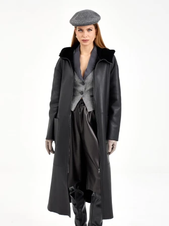 Длинная женская дубленка с капюшоном 2071-0