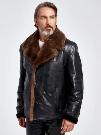 Кожаная зимняя мужская куртка с воротником меха соболя премиум класса 4365-0