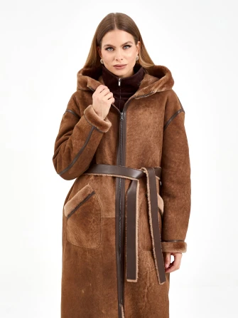 Длинная женская дубленка с капюшоном 2073-1