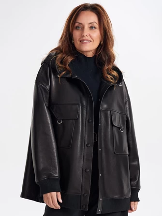 Удлиненная кожаная женская куртка бомбер с капюшоном премиум класса 3067-1