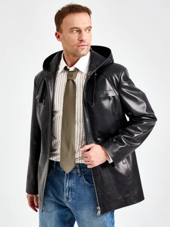 Мужская черная кожаная куртка с капюшоном премиум класса 552-0