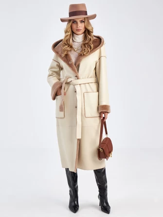 Длинное оверсайз пальто из меховой овчины с капюшоном для женщин премиум класса 2008н-0