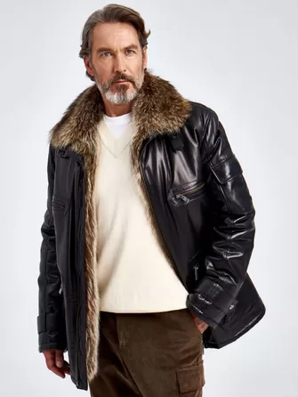 Зимняя мужская кожаная куртка с подкладкой и воротником меха енота 514мех-0