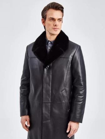 Мужское зимнее кожаное пальто с норковым воротником премиум класса 533мех-1