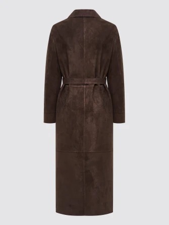 Коричневый женский замшевый плащ премиум класса 3113з-1