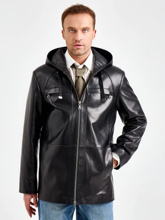 Мужская черная кожаная куртка с капюшоном премиум класса 552-1