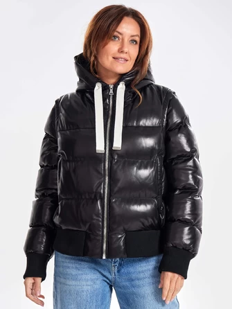 Утепленная стеганная кожаная куртка с капюшоном премиум класса для женщин 3077-0