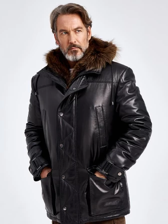 Зимняя мужская кожаная куртка с капюшоном на подкладке из меха енота 511-1