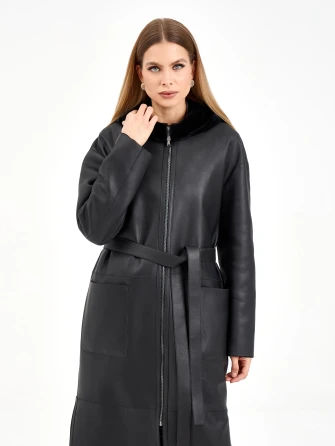 Длинная женская дубленка с капюшоном 2071-1