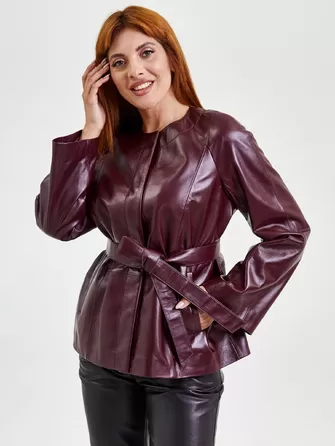 Кожаная женская куртка без воротника с поясом 3019-0