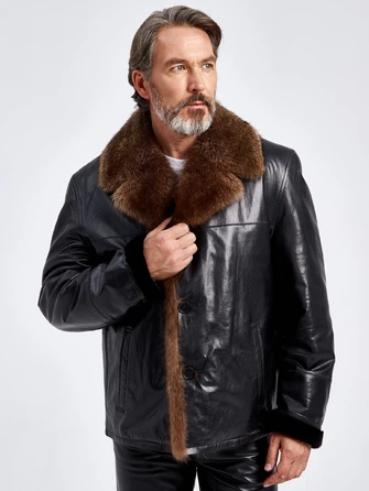 Кожаная зимняя мужская куртка с воротником меха соболя премиум класса 4365-1
