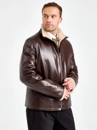 Коричневая короткая мужская кожаная дубленка премиум класса 564мех-0